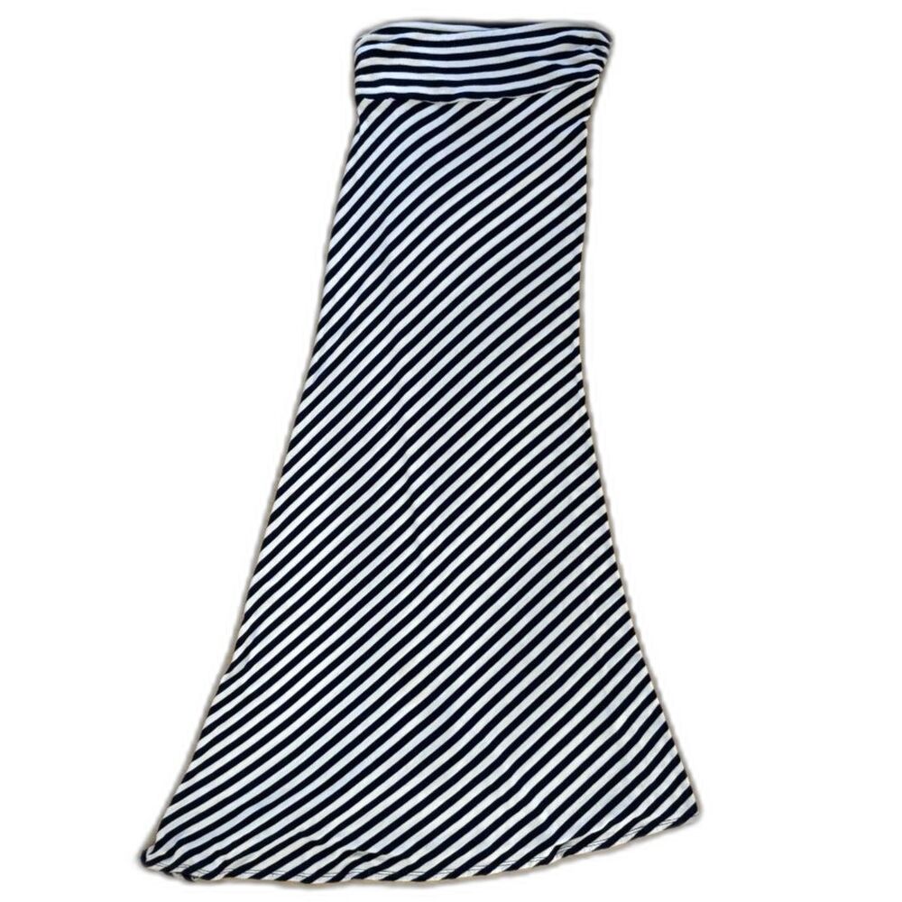 Monteau Striped Maxi Skirt Medium Black White Foldover Waist Chevron Rayon M